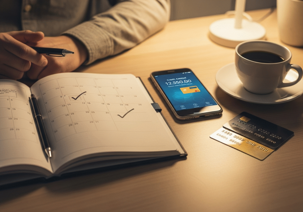 A realistic, professional photo of a person's hand holding a smartphone. The phone screen shows a clean, easy-to-read financial dashboard with a credit score graph that is trending upwards. In the background, out of focus, there are a laptop and documents on a desk, suggesting a calm, organized financial management process. The lighting is soft and neutral, and the focus is sharp on the phone screen.