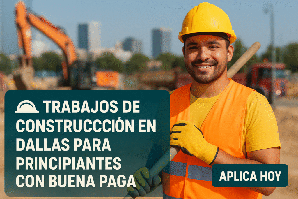 Obrero en obra de construcción en Dallas con casco y chaleco