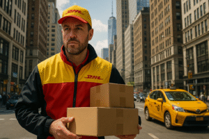 Repartidor de DHL en Nueva York con uniforme amarillo y rojo entregando paquetes