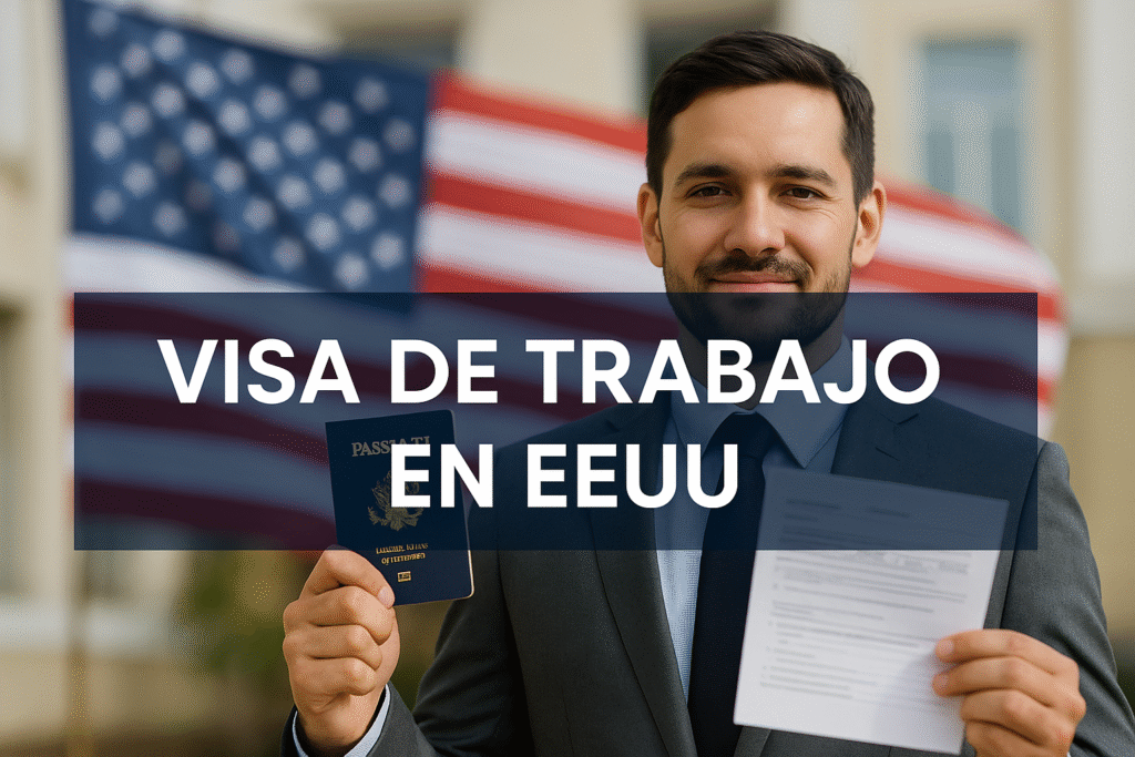 Visa de trabajo en EEUU – trabajador extranjero con documentos frente a la bandera de Estados Unidos