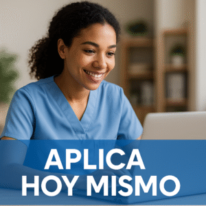 Candidata enfermera aplicando a empleo en Chicago con texto “Aplica hoy mismo