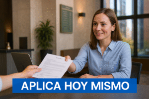 Candidata aplicando a empleo de limpieza en Nueva York con texto Aplica hoy mismo