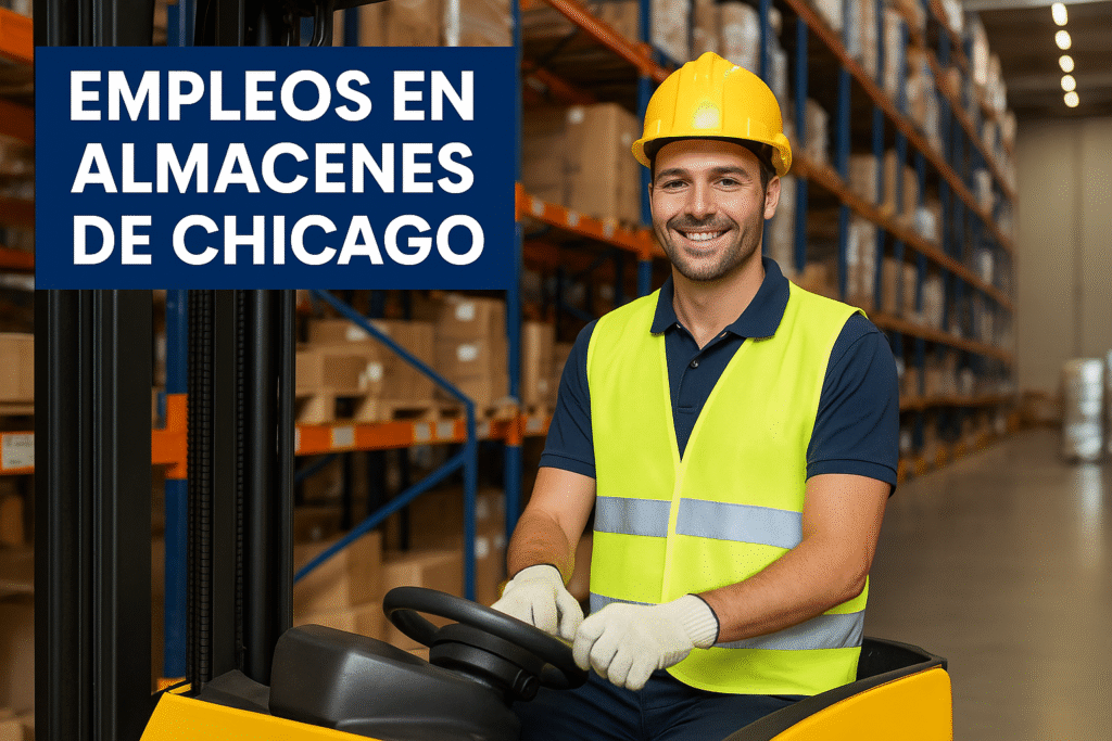 Trabajador de almacén en Chicago operando montacargas con texto “Empleos en almacenes de Chicago