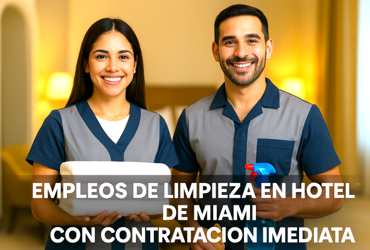 Empleada de limpieza en hotel de Miami preparando habitación