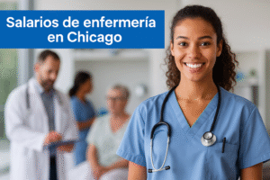Enfermera revisando monitor con texto “Salarios de enfermería en Chicago”Título: Salarios de enfermería en Chicago