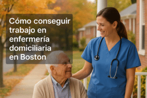 Enfermera domiciliaria atendiendo a una paciente mayor en una casa de Boston con vista al skyline, representando empatía y cuidado profesional.