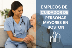 Cuidadora joven acompañando a una persona mayor en Boston en un entorno cálido y profesional