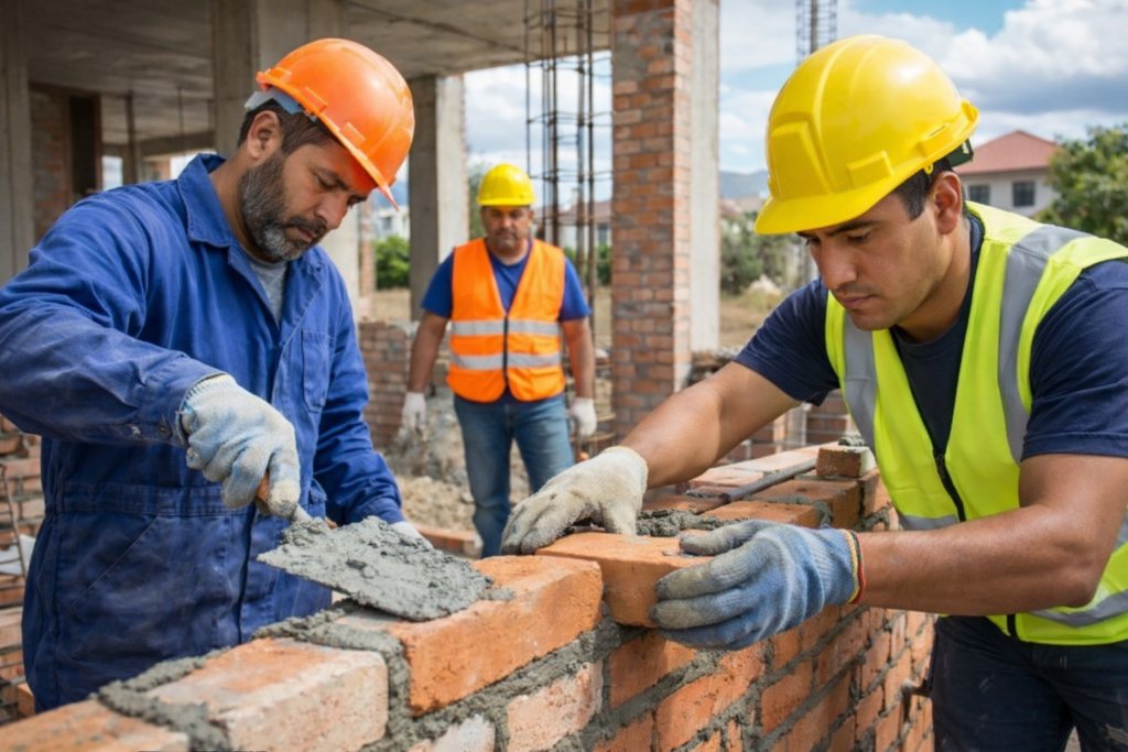 albañiles y ayudantes de obra trabajando en proyectos de construcción y remodelación