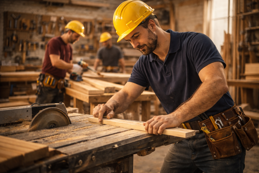 carpinteros y ayudantes instalando muebles y estructuras de madera en obra