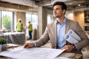 diseñador de interiores revisando planos y supervisando proyecto de remodelación en obra