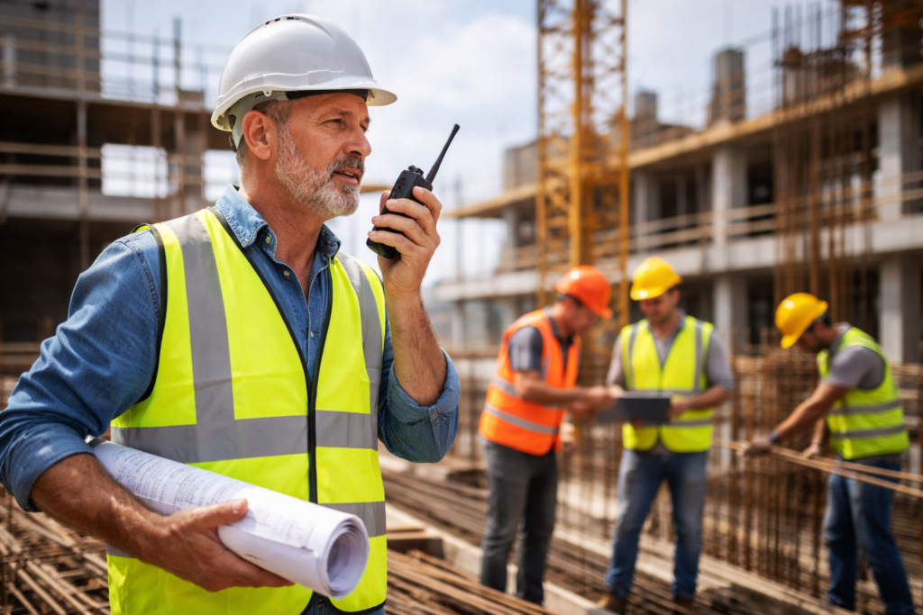 maestro de obra supervisando equipo de construcción en proyecto de edificación