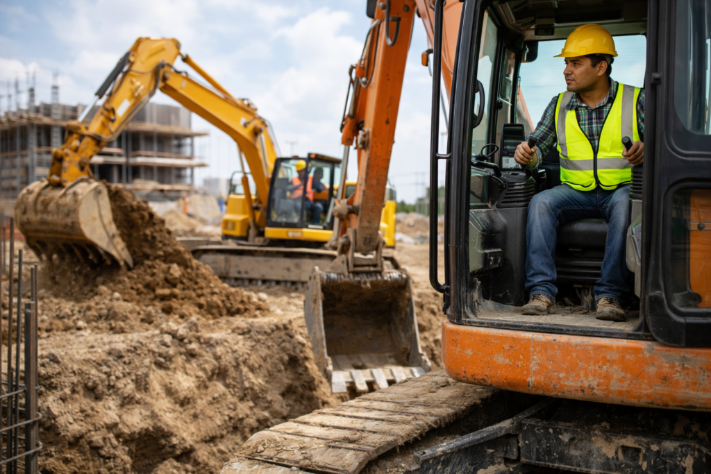 operadores de maquinaria pesada trabajando con excavadora y retroexcavadora en obra de construcción