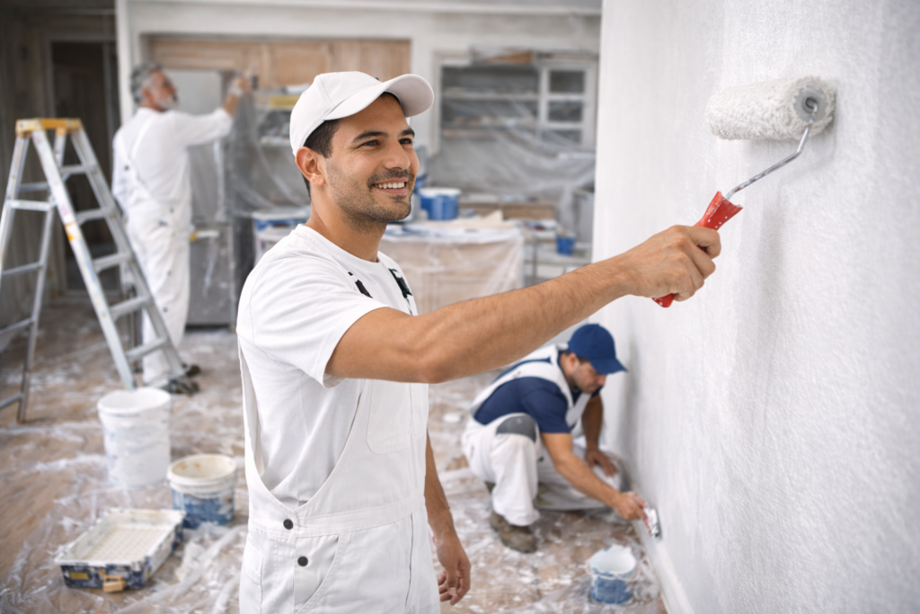 pintores y ayudantes realizando trabajos de pintura y acabados en obra residencial