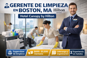 Gerente de limpieza en Boston MA supervisando equipo de housekeeping en hotel Canopy by Hilton