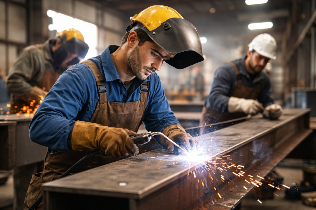 soldadores y ayudantes realizando trabajos de soldadura industrial en estructuras metálicas