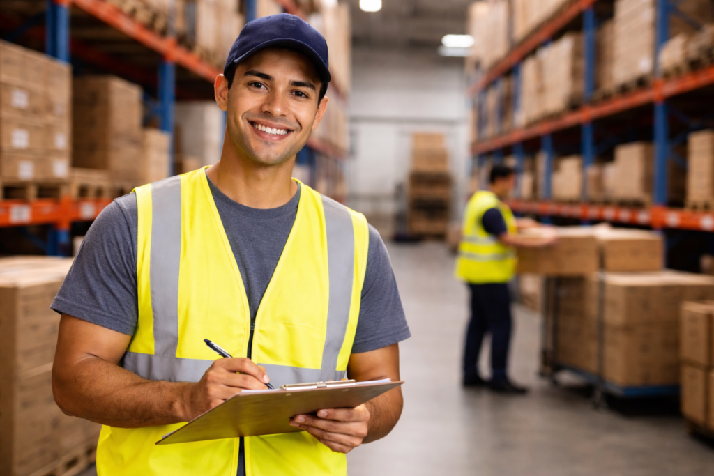trabajador de almacén revisando pedidos dentro de un centro logístico moderno