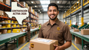 Empleado sonriente de UPS Texas sosteniendo un paquete en almacén moderno vacantes disponibles 2026